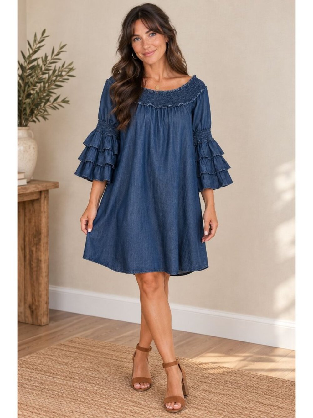 Deja Bleu Premium Womens Chambray Smocked Off Shoulder Bell Sleeve Dress Size 18